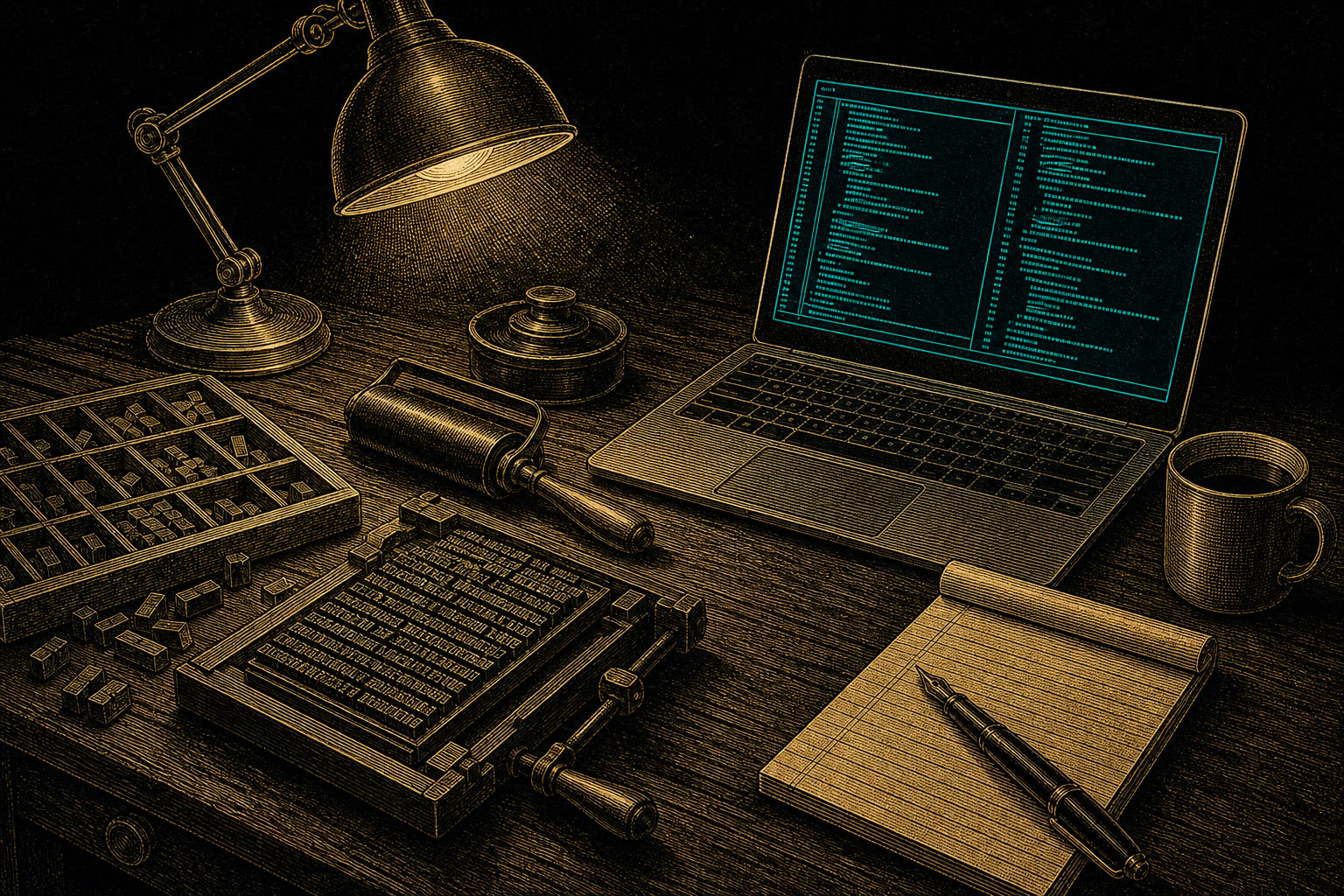 Engraved illustration of a workbench: print-shop tools on one side, a glowing laptop on the other